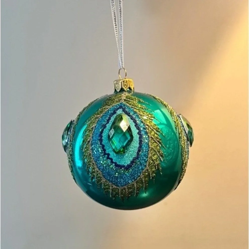 Teal Peacock Feather Glass Christmas Ornament Jeweled Glitter 4.5